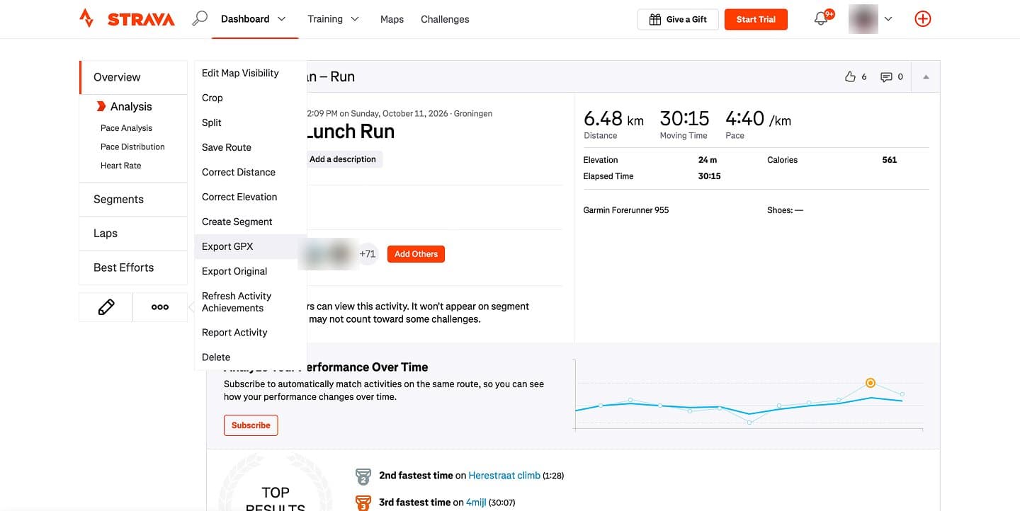 Strava, activiteit met het uitklapmenu achter de drie puntjes en de optie Export GPX