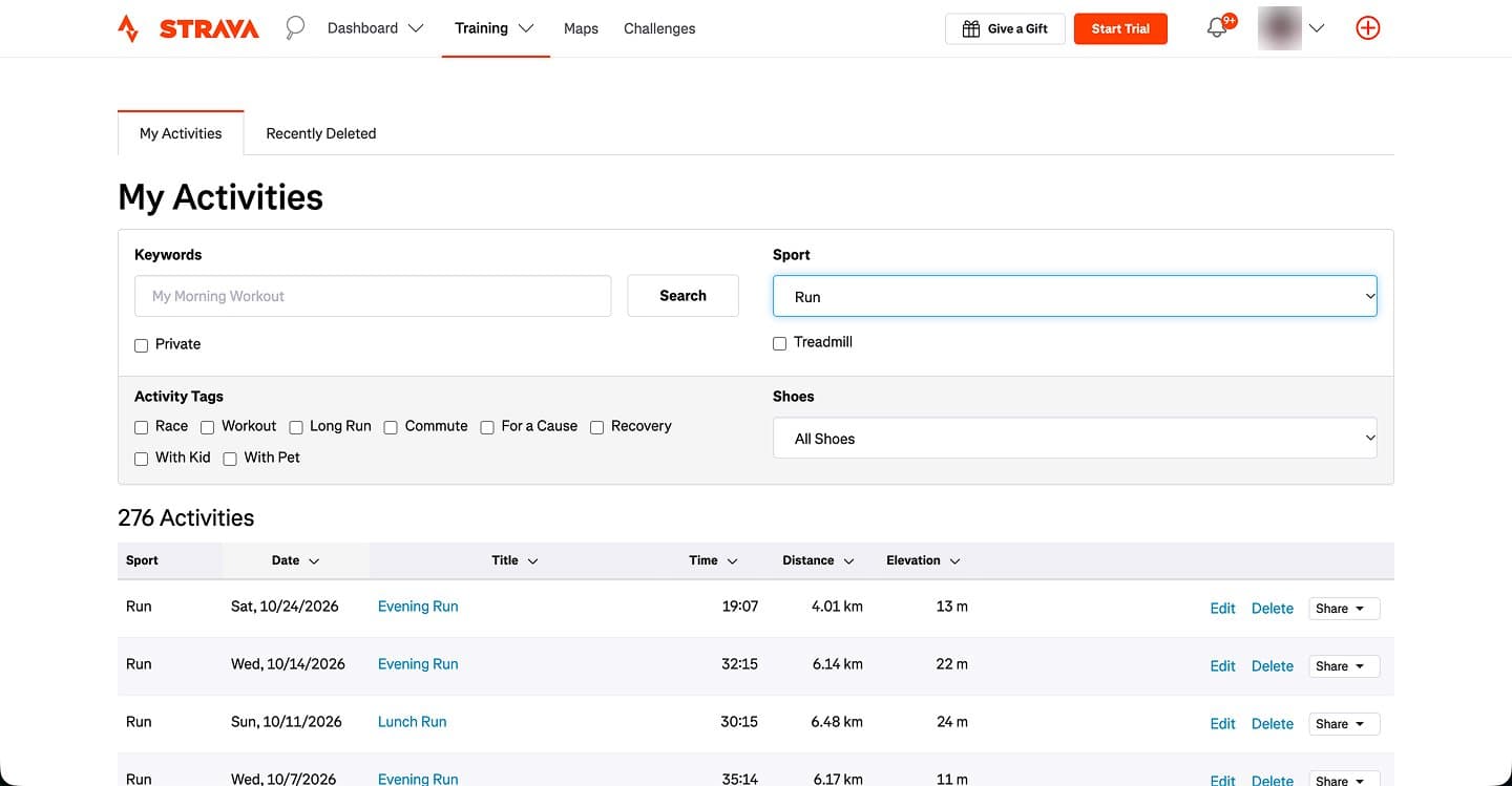 Strava, pagina Mijn activiteiten met een lijst van je activiteiten